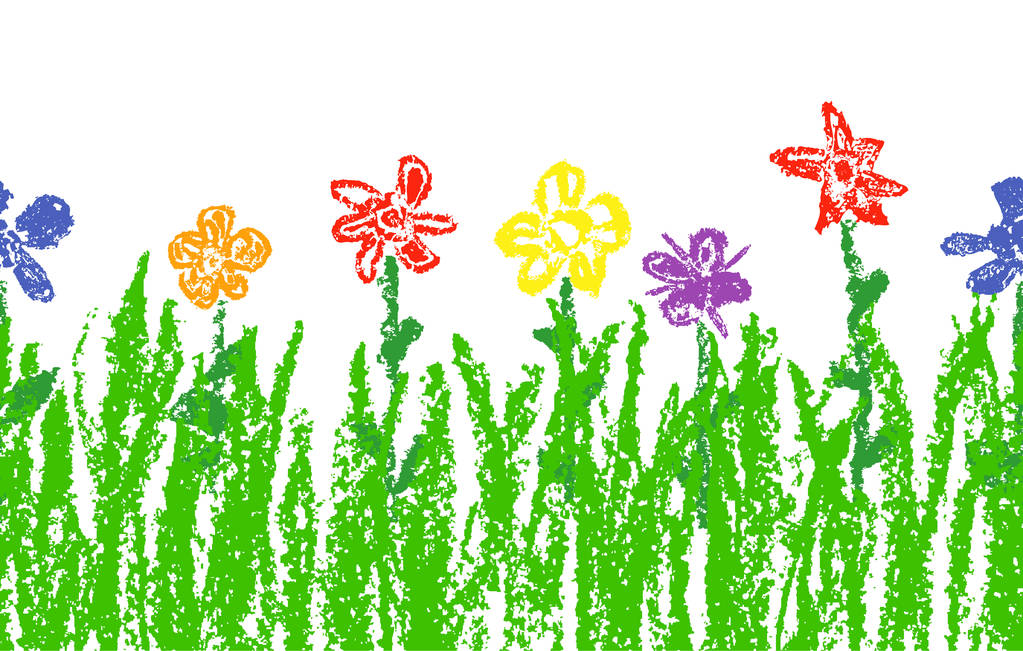 蜡,蜡笔画,彩色,花,青草,无缝,可爱,绘画,春天,夏日草地,矢量,淡色调