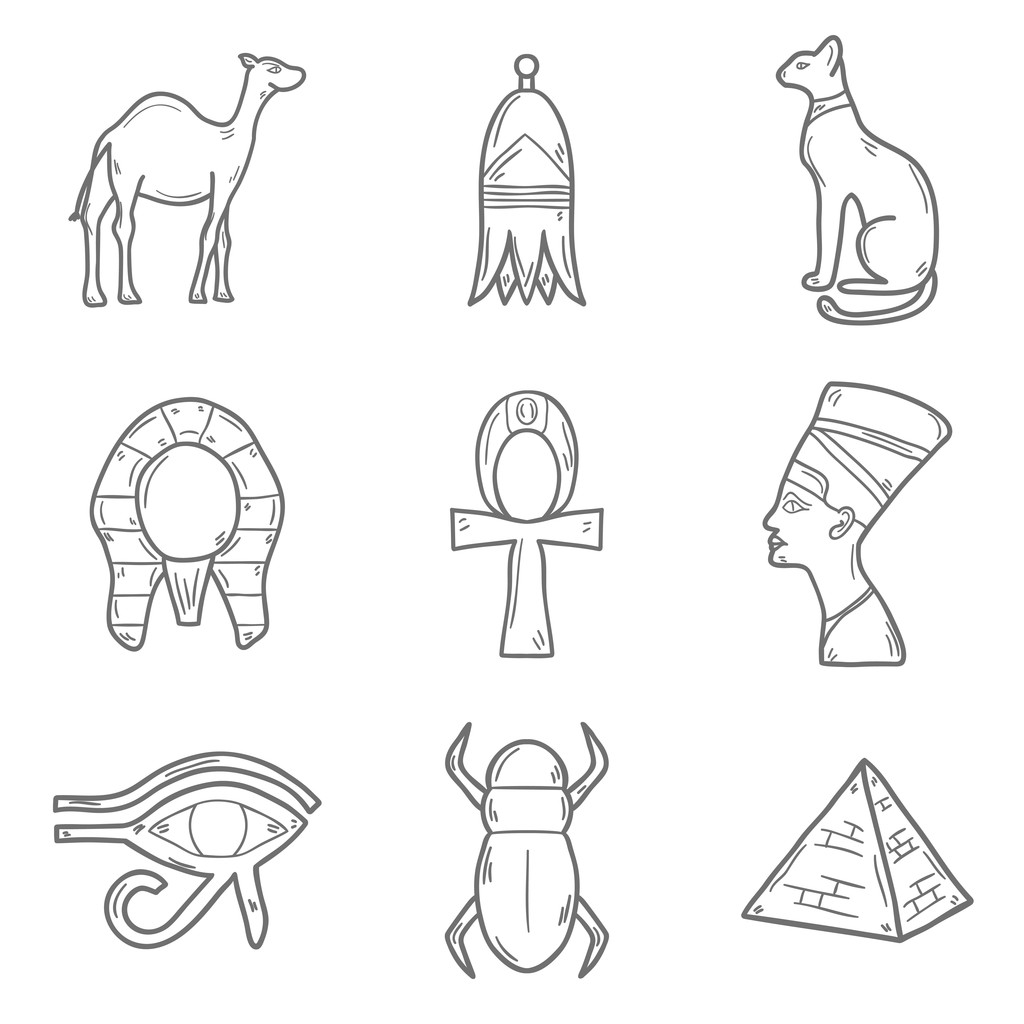 卡通,轮廓,象征,拿着,风格,埃及,骆驼,金字塔,甲壳虫,非洲,旅行,概念