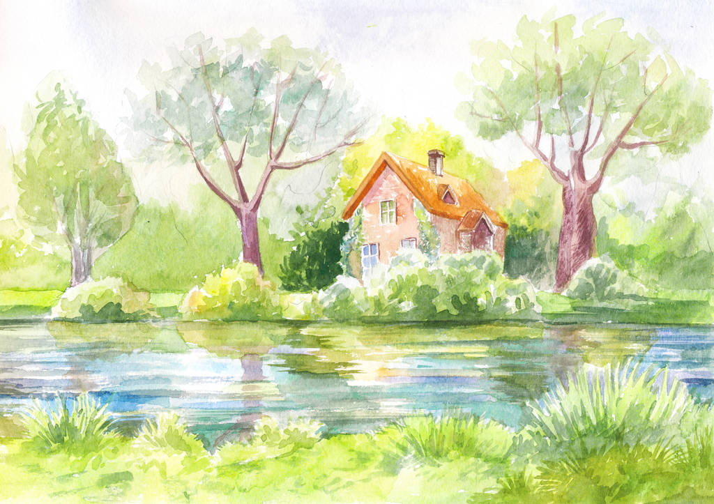 水彩,风景,房子,河,树林,草坪,淡色调,描绘,绘画,艺术品,鲜明,图片